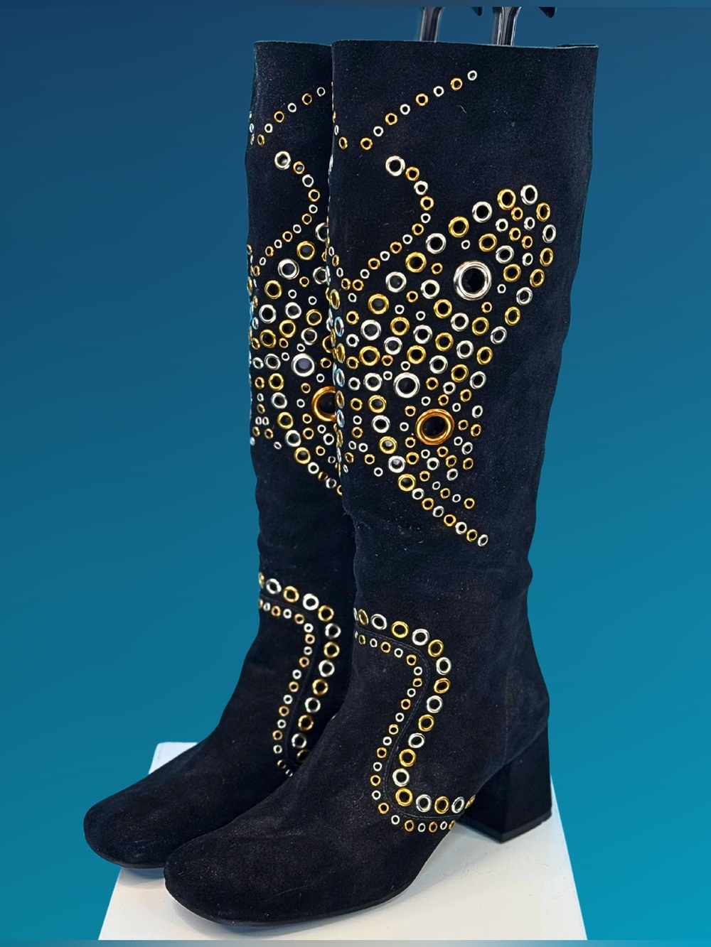 Jeffrey Campbell BUTTERFLY Black Suede Gold Silver Grommet Knee High Boots | 7